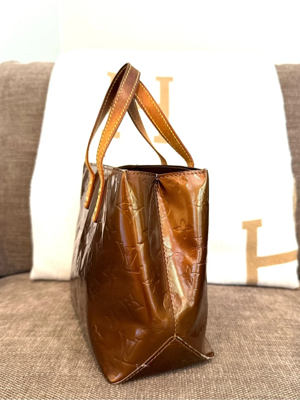 Authentic Louis Vuitton Vernis Reade PM bronze small tote bag brown gold LV